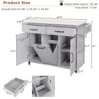 Kitchen Island with Trash Cabinet, Drawers and Shelves, Drop Leaf, Spice and Towel Rack, Rolling Cart for Kitchens, 51" L x 20" W x 35" H, Grey(m-3)