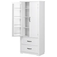 Pantry Cabinet with 2 Large Drawers, 8 Door Shelves, Embossed Texture, Farmhouse Style Kitchen Cupboard, 30.5" L x 16" W x 71" H, White(m-14)
