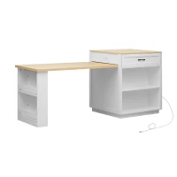 Kitchen Island with Extendable Dining Table, Power Outlet, Drawers and Shelves, Utility Island for Kitchen, 83" L x 27.5" W x 36" H, White+Natural(m-2)