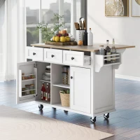 Kitchen Island with 3 Drawers, Rubber Wood Drop-Leaf Countertop, Adjustable Shelves, Rolling Cart for Kitchens, 53" L x 29.5" W x 37" H, White(m-1)