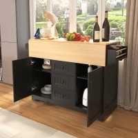 Kitchen Island with 3 Drawers, 2 Drop Leaves, Power Outlet, Spice Rack, Rolling Cart for Kitchen, Dining Room, 56" L x 33.5" W x 36.5" H, Black(m-9)
