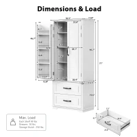 Pantry Cabinet with 2 Large Drawers, 8 Door Shelves, Embossed Texture, Farmhouse Style Kitchen Cupboard, 30.5" L x 16" W x 71" H, White(m-3)
