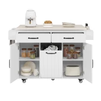 Rolling Cart with Tilt-Out Trash Cabinet, Spice and Towel Rack, Adjustable Shelf, Kitchen Island with Drop Leaf, 51" L x 20" W x 35" H, White(m-15)