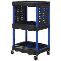 HOMCOM 3-Tier Rolling Tool Cart, 200 LBS Capacity Plastic Utility Cart with Side Shelves for Garage Workshop, Black & Dark Blue(m-1)