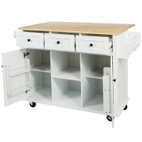 Kitchen Island with 3 Drawers, Rubber Wood Drop-Leaf Countertop, Adjustable Shelves, Rolling Cart for Kitchens, 53" L x 29.5" W x 37" H, White(m-12)