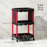 HOMCOM 3-Tier Rolling Tool Cart with Wheels, 200 LBS Capacity Plastic Utility Cart for Garage, Warehouse, Workshop, Black & Red(m-3)