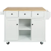 Kitchen Island with 3 Drawers, Rubber Wood Drop-Leaf Countertop, Adjustable Shelves, Rolling Cart for Kitchens, 53" L x 29.5" W x 37" H, White(m-2)