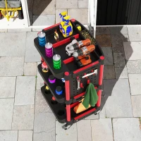 HOMCOM 3-Tier Rolling Tool Cart with Wheels, 200 LBS Capacity Plastic Utility Cart for Garage, Warehouse, Workshop, Black & Red(m-10)