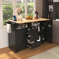 Kitchen Island with 3 Drawers, 2 Drop Leaves, Power Outlet, Spice Rack, Rolling Cart for Kitchen, Dining Room, 56" L x 33.5" W x 36.5" H, Black(m-11)