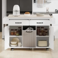 Rolling Cart with Tilt-Out Trash Cabinet, Spice and Towel Rack, Adjustable Shelf, Kitchen Island with Drop Leaf, 51" L x 20" W x 35" H, White(m-9)
