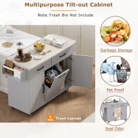 Kitchen Island with Trash Cabinet, Drawers and Shelves, Drop Leaf, Spice and Towel Rack, Rolling Cart for Kitchens, 51" L x 20" W x 35" H, Grey(m-5)