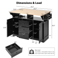 Kitchen Island with 3 Drawers, 2 Drop Leaves, Power Outlet, Spice Rack, Rolling Cart for Kitchen, Dining Room, 56" L x 33.5" W x 36.5" H, Black(m-3)