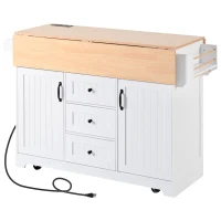 Kitchen Island with 2 Drop Leaves, 3 Drawers, Spice Rack, Power Outlet, Rolling Cart for Dining Room, Kitchen, 56" L x 33.5" W x 36.5" H, White(m-14)