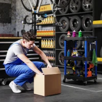 HOMCOM 3-Tier Rolling Tool Cart, 200 LBS Capacity Plastic Utility Cart with Side Shelves for Garage Workshop, Black & Dark Blue(m-7)