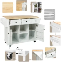 Kitchen Island with 3 Drawers, Rubber Wood Drop-Leaf Countertop, Adjustable Shelves, Rolling Cart for Kitchens, 53" L x 29.5" W x 37" H, White(m-4)