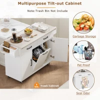 Rolling Cart with Tilt-Out Trash Cabinet, Spice and Towel Rack, Adjustable Shelf, Kitchen Island with Drop Leaf, 51" L x 20" W x 35" H, White(m-5)