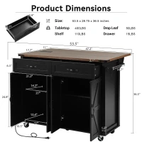 Farmhouse Kitchen Island with Spice Rack, Storage Drawers, Power Outlet, Rolling Car with Drop Leaf, 53.5" L x 29" W x 36.5" H, Black(m-3)