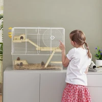 PawHut Hamster Cage with Deep Bottom, Wooden Ramp, Hut, Bathroom and Exercise Wheel for Hamster and Gerbil, White(m-9)