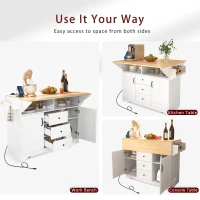 Kitchen Island with 2 Drop Leaves, 3 Drawers, Spice Rack, Power Outlet, Rolling Cart for Dining Room, Kitchen, 56" L x 33.5" W x 36.5" H, White(m-6)