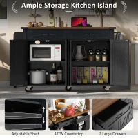 Farmhouse Kitchen Island with Spice Rack, Storage Drawers, Power Outlet, Rolling Car with Drop Leaf, 53.5" L x 29" W x 36.5" H, Black(m-5)