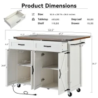 Farmhouse Style Kitchen Island with Power Outlet, Drop Leaf, Spice Rack, Rolling Car with Storage Drawers, 53.5" L x 29" W x 36.5" H, White(m-3)