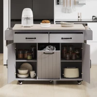 Kitchen Island with Trash Cabinet, Drawers and Shelves, Drop Leaf, Spice and Towel Rack, Rolling Cart for Kitchens, 51" L x 20" W x 35" H, Grey(m-10)