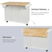 Kitchen Island with 3 Drawers, Rubber Wood Drop-Leaf Countertop, Adjustable Shelves, Rolling Cart for Kitchens, 53" L x 29.5" W x 37" H, White(m-5)