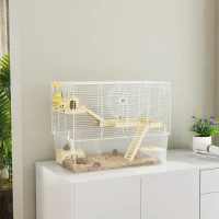 PawHut Hamster Cage with Deep Bottom, Wooden Ramp, Hut, Bathroom and Exercise Wheel for Hamster and Gerbil, White(m-8)