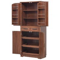 Pantry Cabinet with 6 Door Shelves, 3 Pull-Out Organizers, 2 Drawers, Kitchen Cupboard with Embossed Texture, 31.5" L x 16" W x 72" H, Brown(m-13)