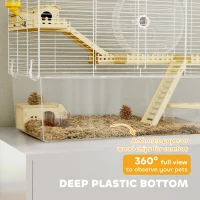 PawHut Hamster Cage with Deep Bottom, Wooden Ramp, Hut, Bathroom and Exercise Wheel for Hamster and Gerbil, White(m-5)