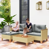 Outsunny 3 Piece Patio Furniture Set, L-Shaped Outdoor Furniture Conversation Set with Wood Top Coffee Table, Light Grey(m-1)