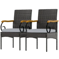 Outsunny Set of 2 Rattan Outdoor Dining Chairs, Wicker Patio Chairs with Removable Cushion, Acacia Wood Armrests, Light Grey(m-2)