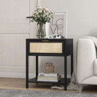 HOMCOM Boho Nightstand, Bedside Table with Rattan Drawer and Open Shelf, Side End Table for Bedroom, Living Room, Black(m-8)