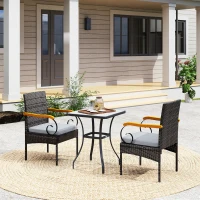 Outsunny Set of 2 Rattan Outdoor Dining Chairs, Wicker Patio Chairs with Removable Cushion, Acacia Wood Armrests, Light Grey(m-8)