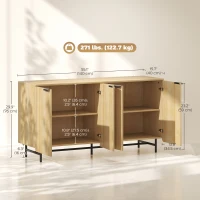 HOMCOM 55" Modern Sideboard, Fluted Buffet Cabinet with Adjustable Shelves, 5 Metal Legs for Kitchen, Living Room, Nature Wood(m-3)