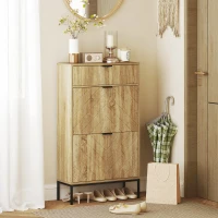 HOMCOM Narrow Shoe Storage Cabinet with Flip Drawers, Shoe Cabinet with Adjustable Shelves, Sliding Drawer, Holds 8 Pairs, Oak(m-1)