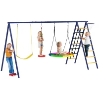 Qaba 6 in 1 Kids Swing Set with 1 Saucer Swing, 1 Belt Swing, 1 Disc Rope Swing, Climbing Ladder and Net, Basketball Hoop(m-11)