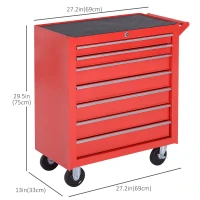 HOMCOM 7 Drawer Roller Tool Chest, Mobile Lockable Toolbox, Storage Organizer with Handle for Workshop Mechanics Garage, Red(m-3)