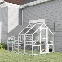 PawHut Wooden Catio Outdoor Cat Enclosure with Waterproof Cover, 2 Condos, 6 Platforms, Bridge, Doors, White(m-3)