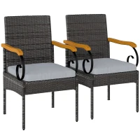 Outsunny Set of 2 Rattan Outdoor Dining Chairs, Wicker Patio Chairs with Removable Cushion, Acacia Wood Armrests, Light Grey(m-11)