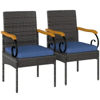 Outsunny Set of 2 Rattan Outdoor Dining Chairs, Wicker Patio Chairs with Removable Cushion, Acacia Wood Armrests, Navy Blue(m-11)
