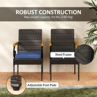 Outsunny Set of 2 Rattan Outdoor Dining Chairs, Wicker Patio Chairs with Removable Cushion, Acacia Wood Armrests, Navy Blue(m-7)