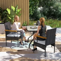 Outsunny Set of 2 Rattan Outdoor Dining Chairs, Wicker Patio Chairs with Removable Cushion, Acacia Wood Armrests, Light Grey(m-9)