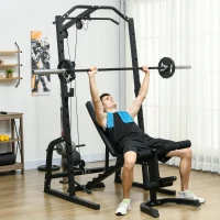 Soozier Smith Machine, Multi-Functional Power Cage w/ Adjustable Bench, Barbell Bar, Cable Pulley System, 15-Level Squat Rack(m-1)