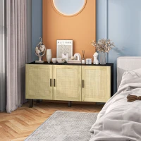 HOMCOM Boho Sideboard Buffet Cabinet with 3 Rattan Doors, Kitchen Cabinet with Adjustable Shelves, Black and Natural(m-8)