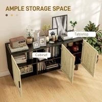 HOMCOM Boho Sideboard Buffet Cabinet with 3 Rattan Doors, Kitchen Cabinet with Adjustable Shelves, Black and Natural(m-4)