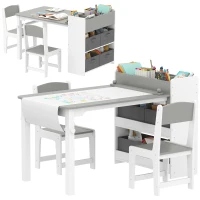 Qaba Kids Table and Chairs Set, Toddler Art Table and Chair Set with Paper Roll, Storage Shelves and Drawers, Grey(m-11)