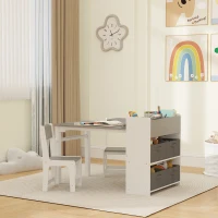 Qaba Kids Table and Chairs Set, Toddler Art Table and Chair Set with Paper Roll, Storage Shelves and Drawers, Grey(m-8)