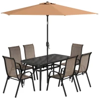 Outsunny 8 Pieces Patio Furniture Set with 9Ft Patio Umbrella, Outdoor Dining Table and Chairs, Light Mixed Brown(m-12)