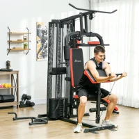 Soozier Multi Home Gym Equipment, Workout Station with Sit up Bench, Push up Stand, Dip Station, 143lbs Weights(m-1)